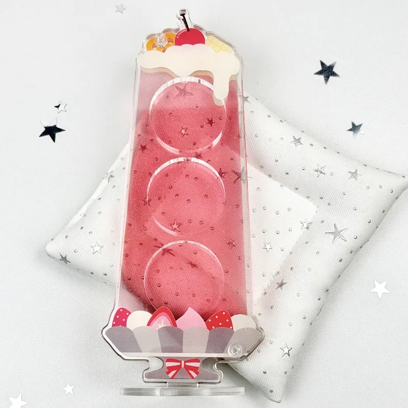 Pudding Tower Dessert Acrylic Display Case, Kawaii 38mm Badge Brick & Character Stand Shaker Frame, for Anime Kpop Merch Decor