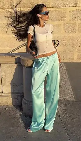 Women's Casual Straight Leg Pants Elastic Waist Solid Color Satin Pants Streetwear Y2K Coquette Bottoms
