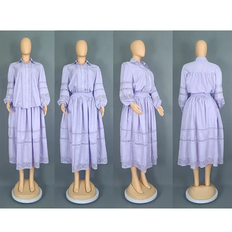 Ensemble jupe en dentelle creuse pour femme, chemise à manches lanternes + taille haute, ligne a, Chic et élégant, nouvelle collection été printemps 2025