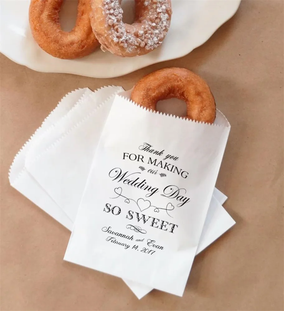 50 Wedding Donut Bags, Doughnut Sacks, Cookie Bags, Dessert Table, Sweets Buffet, Thank You Bags - Personalized - Lined, Grease