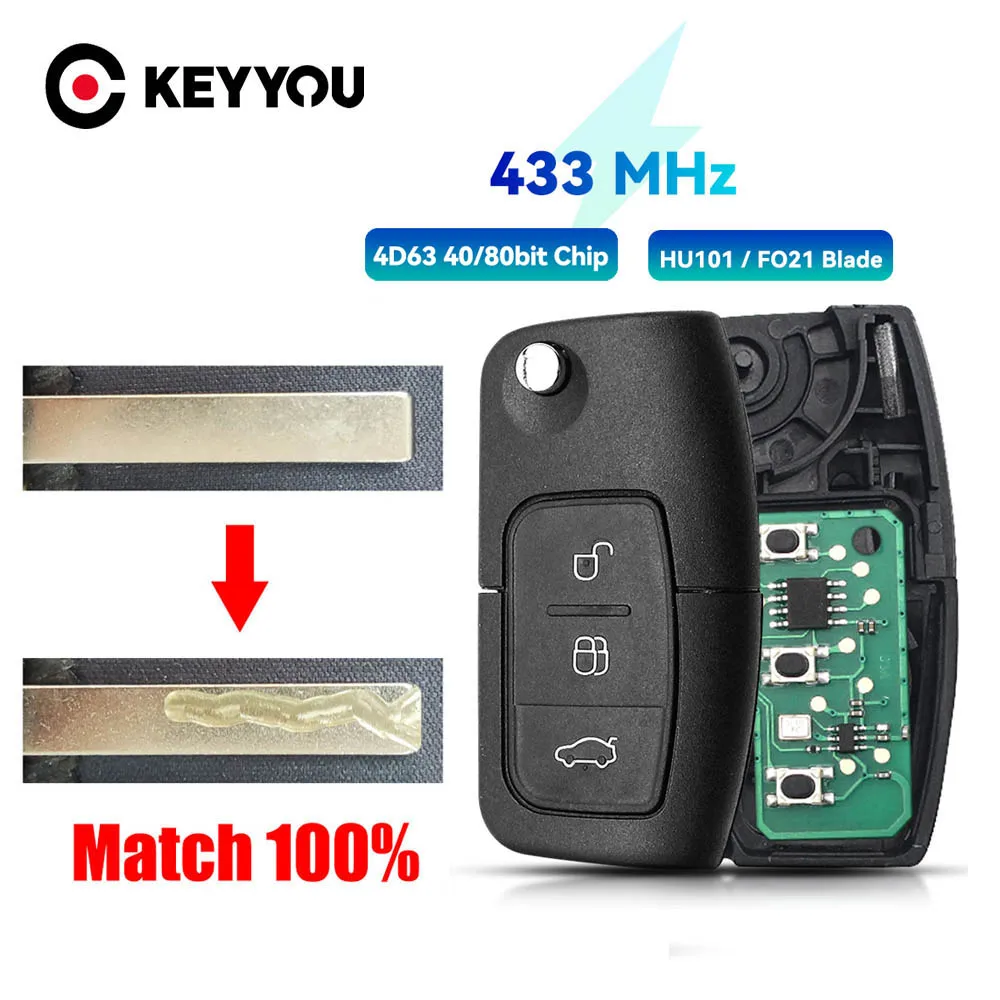 

KEYYOU With Cutting Service ASK 433MHz 4D63/4D60 Chip 3 Buttons Remote Key For Ford Focus 3 Mondeo C Max S Max Galaxy Fiesta