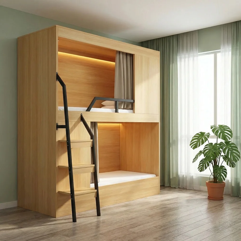 Cama litera metálica estilo cápsula espacial con barandillas de seguridad completamente cerradas para hostales, dormitorios, escuelas, apartamentos y habitaciones infantiles