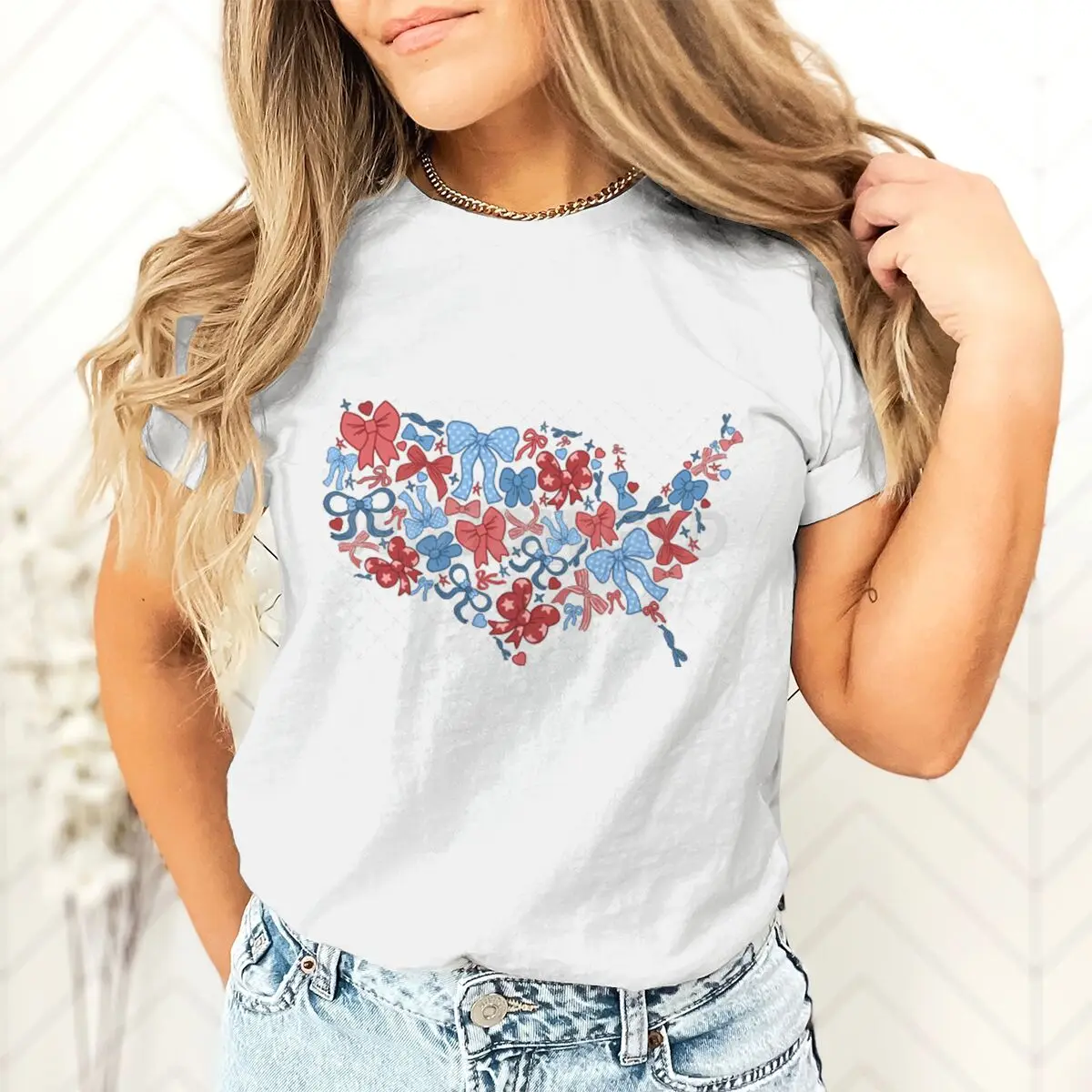 

Independence Day Bows Print T-shirts For Women Summer Crew Neck T Shirt Femme Fashion Casual Short Sleeve 4th Of July T-shirt