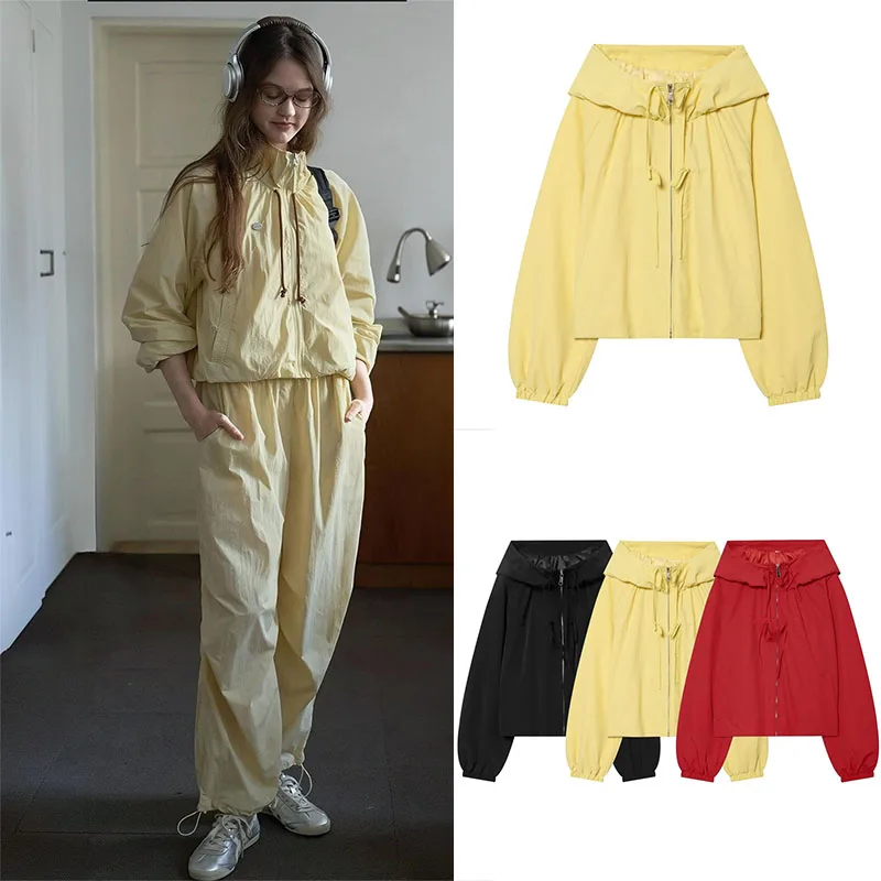 Guobioziy Women's Hooded Jacket 2026 Solid Color New Zipper and Drawstring Decoration Casual Street Style Women's Jacket
