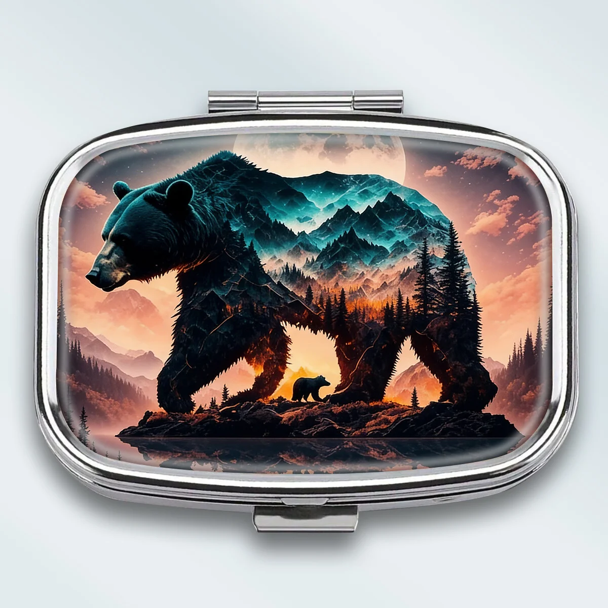 Compact 2-Compartment Square Metal Pill Box, Featuring a Double-Exposure Style Design with a Black Bear Nature Scene Theme, Portable Decorative Vitamin Storage Box, or a Unique Gift for Your Wallet