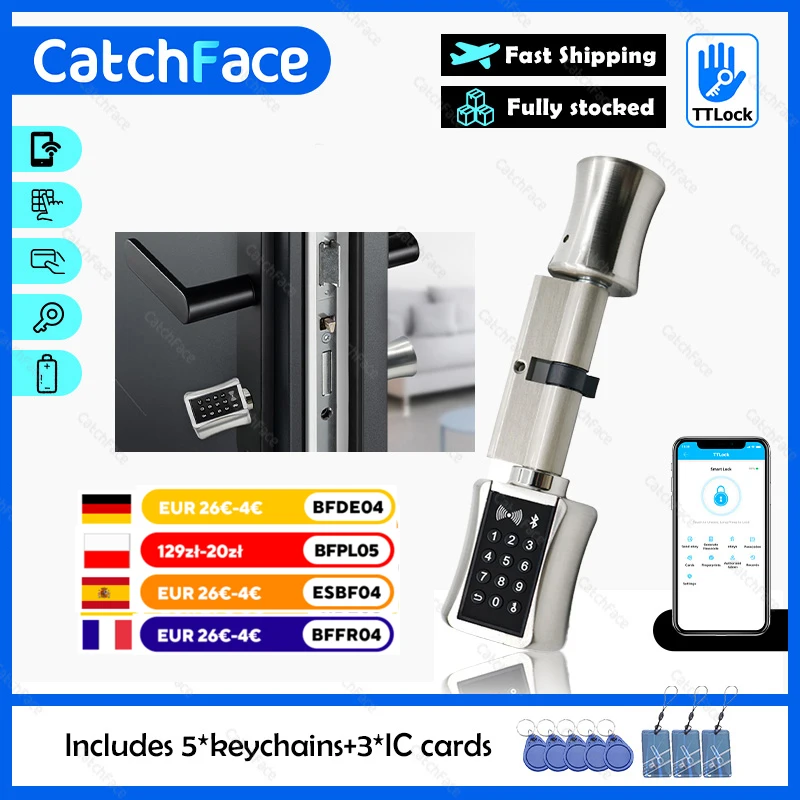 Fechadura de cilindro inteligente ttlock, bluetooth, wi-fi, segurança, sem fio, eletrônica, aplicativo digital, código de teclado, cartão rfid, fechadura sem chave
