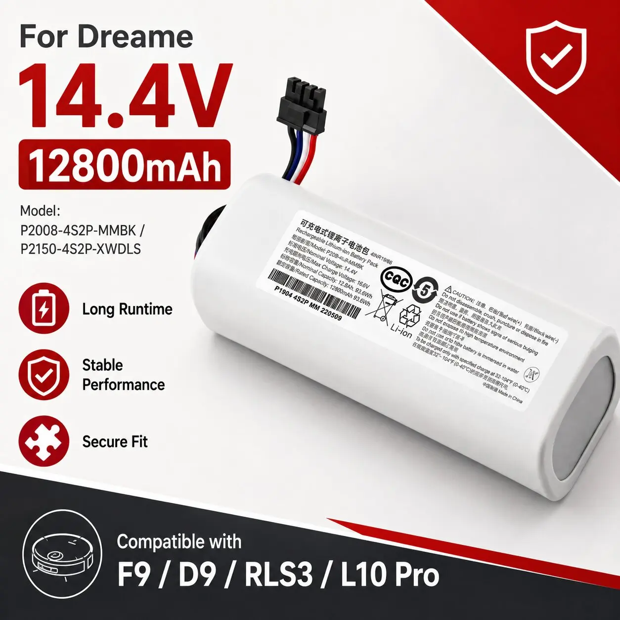 EU-Lagerbestand 14,4V 12800mAh Lithium-Akku Passend für Dreame D9 F9 D10 Plus L10 L10s Ultra Staubsauger Ersatzzubehör
