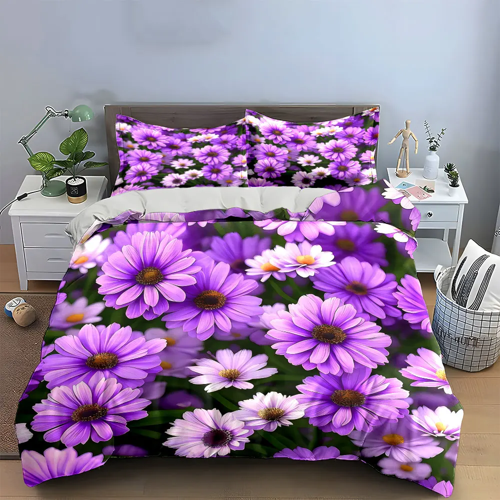 Purple Floral Decoration Set Bedding Set with 1 Duvet Cover 2 Pillowcases Single Double King Queen, Gift