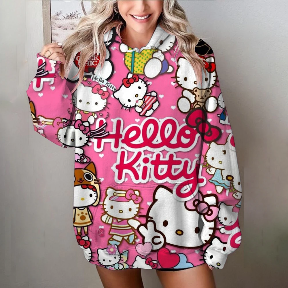 Beautiful Hello Kitty print Sweatshirt Women High Quality Hooded Simple Casual Hoodies Autumn Loose Oversized Streetwear