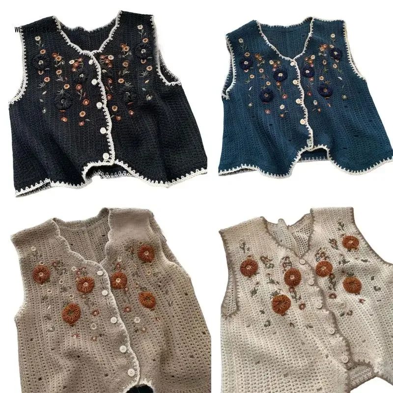 Women Spring Crochet Knitted Vest Waistcoat Embroidery Floral Leaves V-Neck Button Down Sleeveless Cardigan for Jacket Sweater