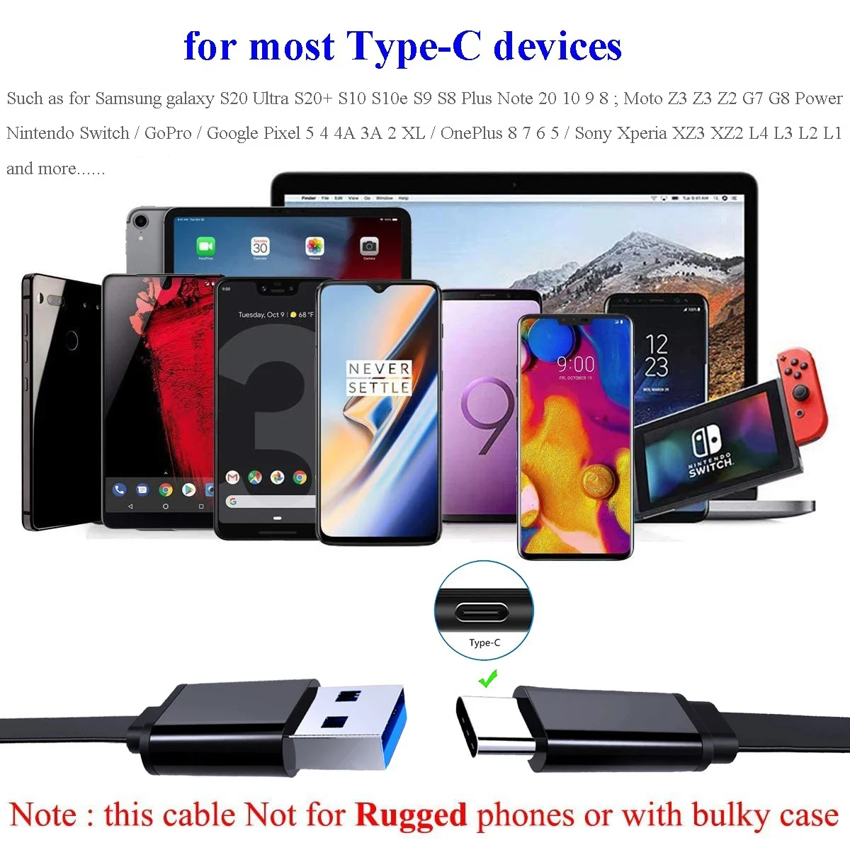 60W Flat C-Type Fast Charging Cable Suitable for iPhone 15 Pro Max Plus Huawei Samsung Xiaomi OPPO USB C Cable