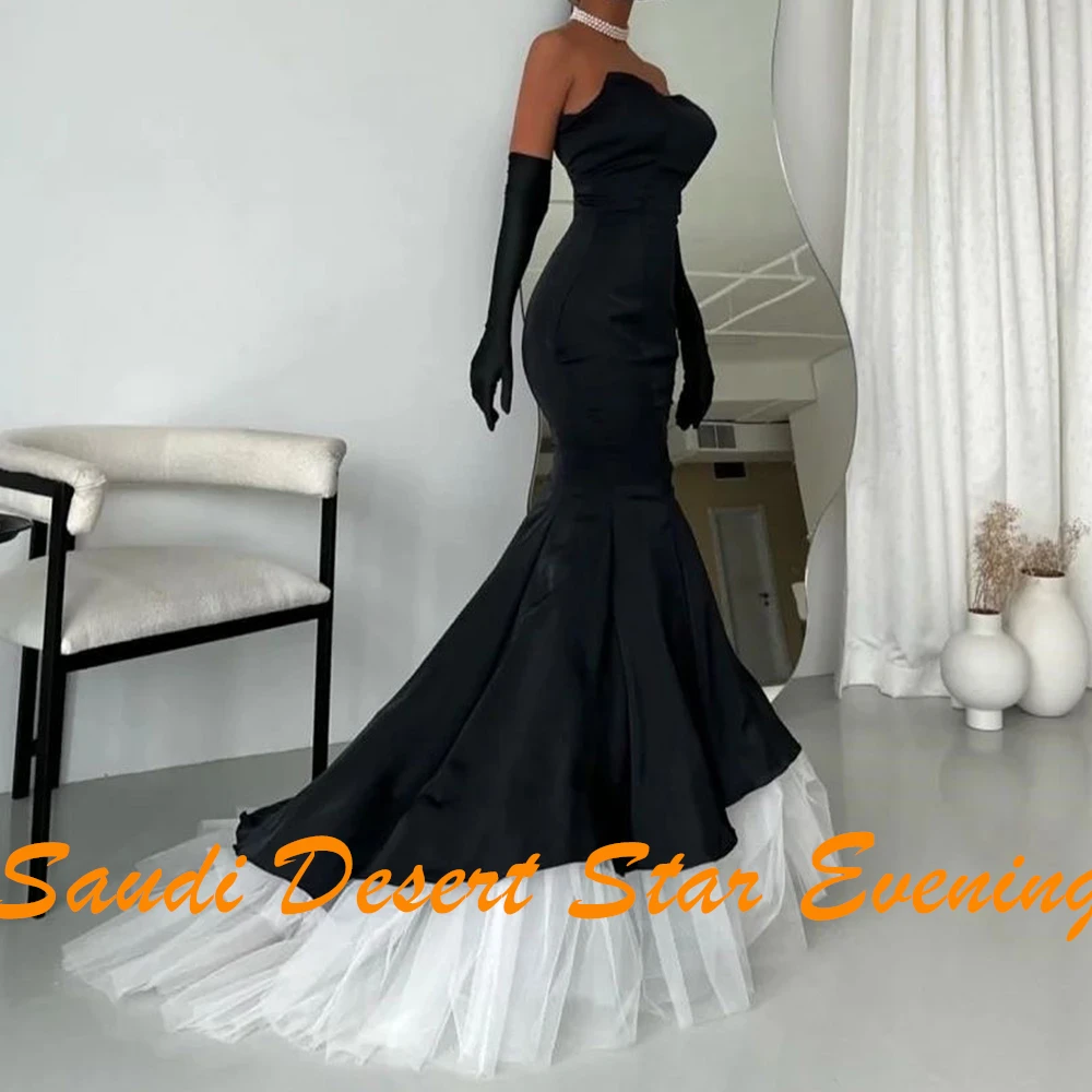 Mermaid Strapless Detachable Sleeves Satin Long Sleeves Black Modern and Elegant Evening Gowns Organza Pleats Saudi Arabia 2024