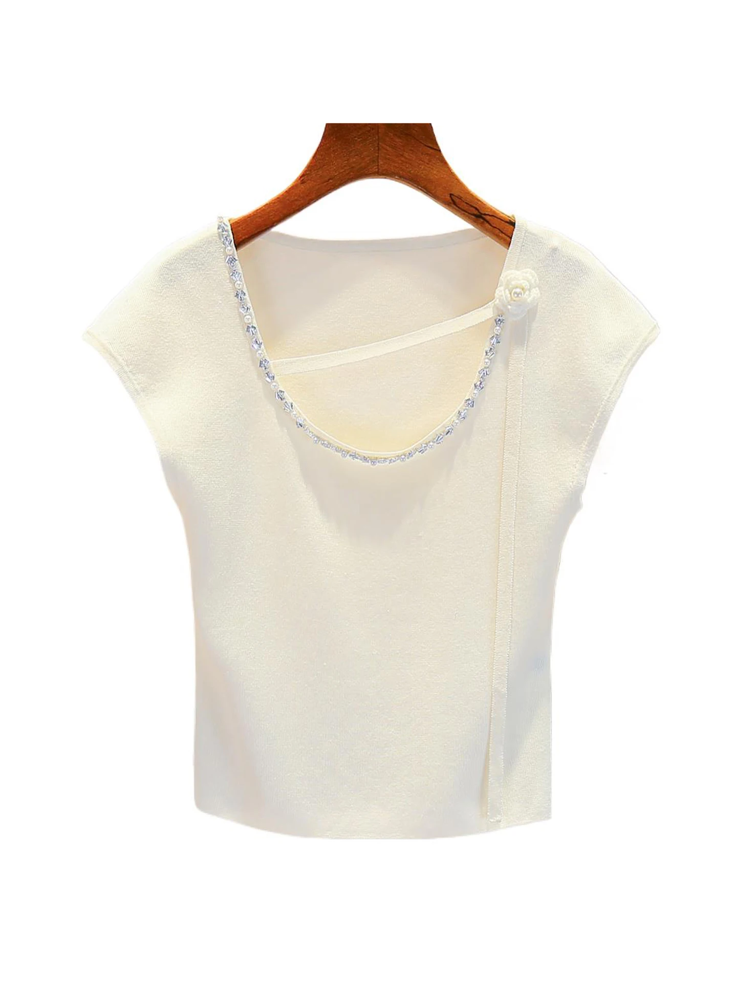South Oil High-End Women's Knitted Vest Summer 2025 Small Fraance Sle Beaded Flower Top Women's Faion Commute Sle Sli...