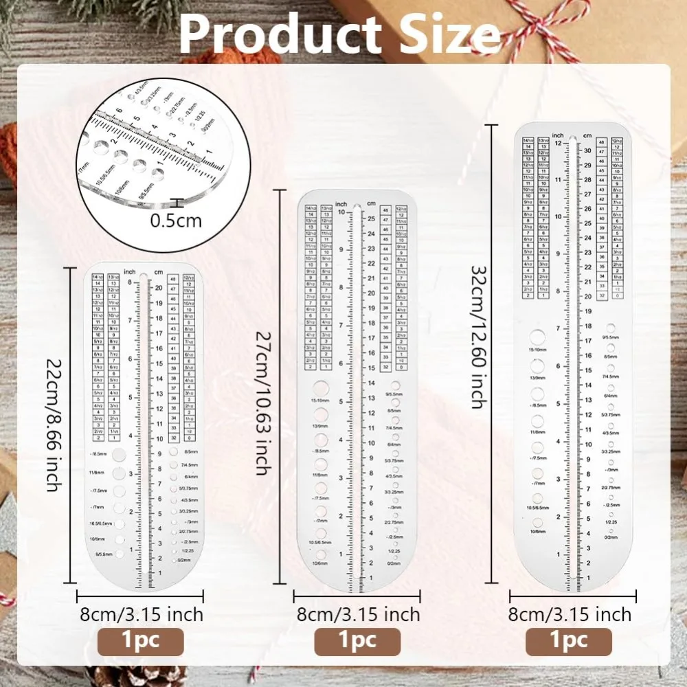 3Pcs Sock Ruler Clear Acrylic Crochet Ruler 8/10/12 Inch Needle Ruler Needle Gauge Measure Tools Knitting Ruler Sock Blocker