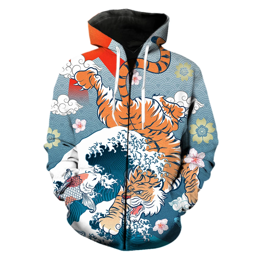 

Cartoon Animal Tiger Men's Zipper Hoodie Funny Harajuku Hip Hop Teens Long Sleeve With Hood Jackets Tops Fashion Streetwear Cool