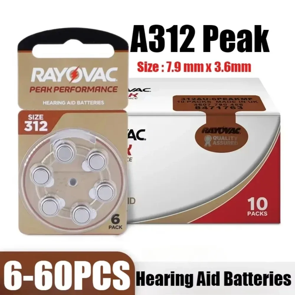 6-60PCS Rayovac Peak 1.45V 312 A312 312A PR41 Mercury Free Zinc Hearing Air Battery Long Lasting For BTE CIC RIC OE Hearing Aids
