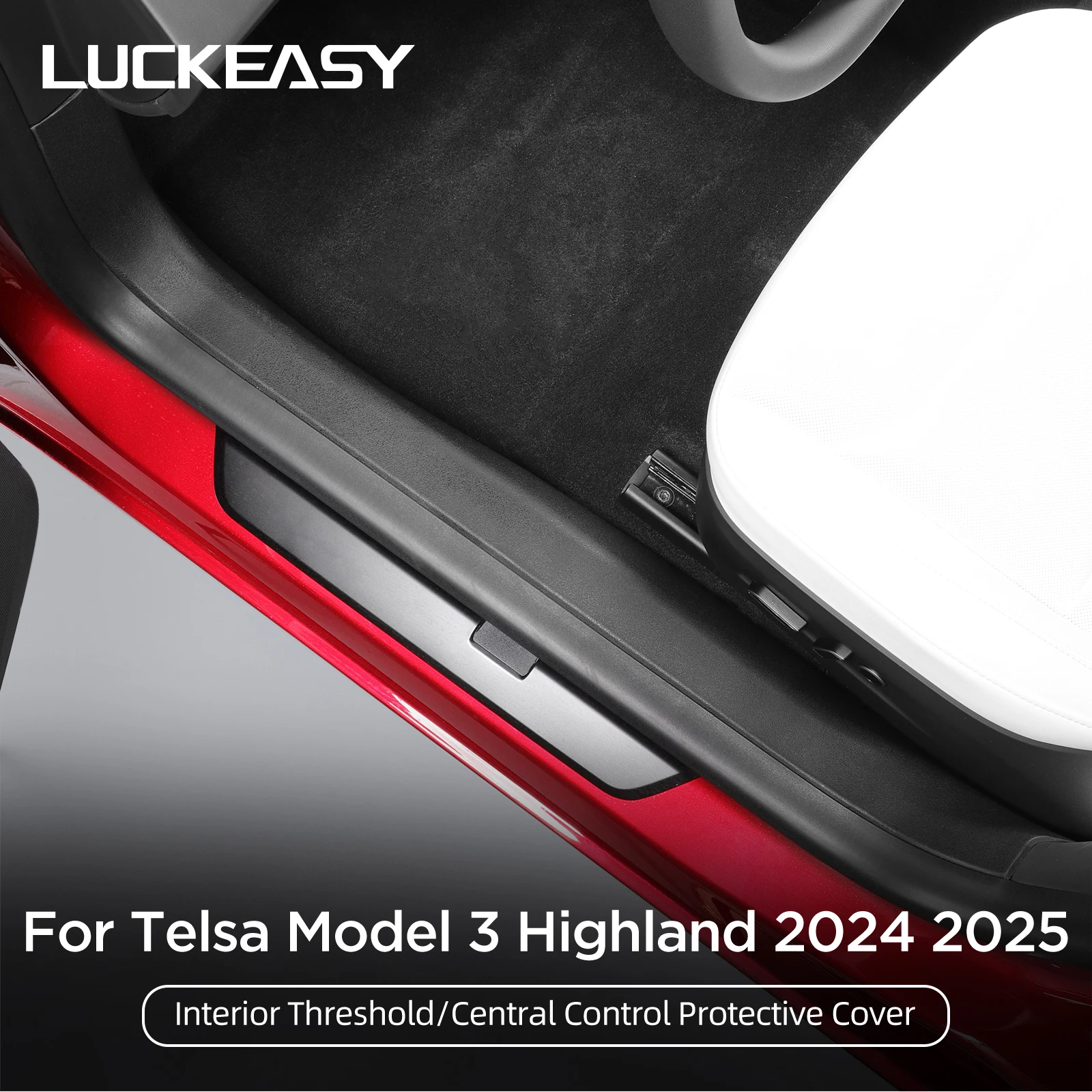 LUCKEASY for Tesla Model3 Highland 2024-2026 Door Sill Strip Guard Car Threshold Protector Central Control Anti-kick Pad Fit LHD