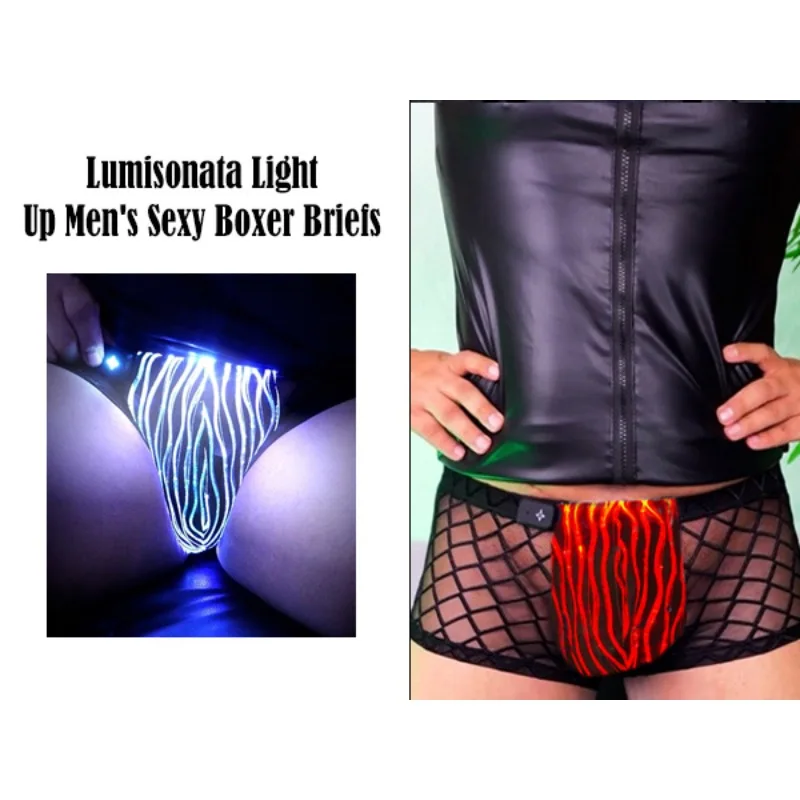 

Nightclub Men DJ Panties LED Optic Fiber Box Briefs Fishnet Sexy Erotic Mesh Underwear Luminous Light up Pole Dance Wear New