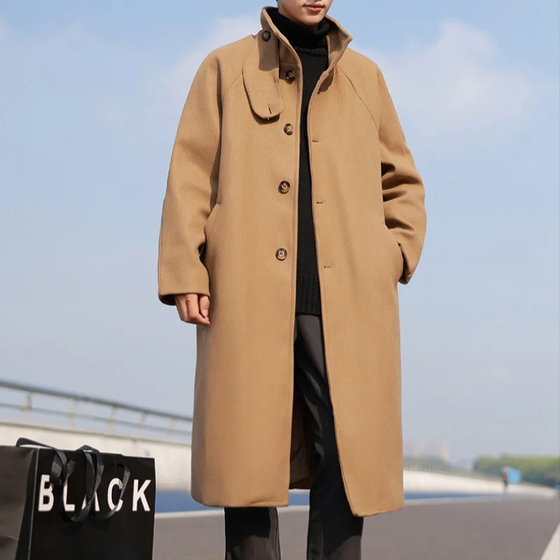 

Autumn Winter Button Medium Long Tweed Coat Men Thickened Loose Knee Simple Soft Warm Thick Velvet Trench Coat Tie Adjustable