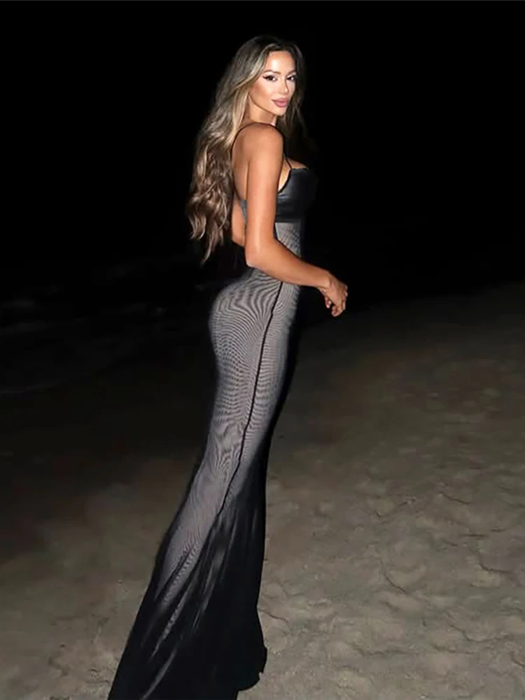 فستان ماكسي نسائي مثير ومثير من Sisterlinda فستان ماكسي مذهل الانقسام بدون ظهر بحزام سباغيتي رداء طويل مهرجان Nightout Vestidos