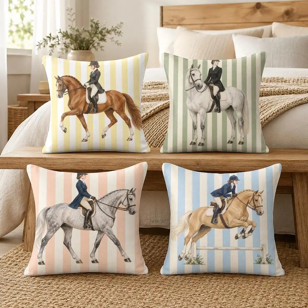 Equestrian Throw Design Striped Pattern Cushion Cover Soft Short Plush Pillow Cases Hidden Zipper Cutecore Sofa Home Decor Gift