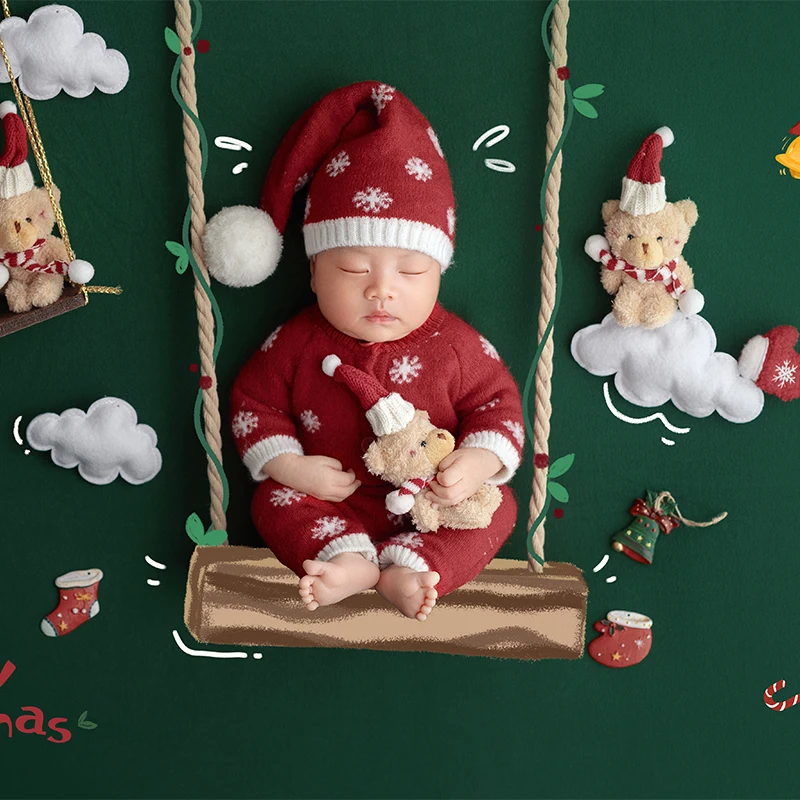 الوليد الطفل عيد الميلاد الزي الأحمر ندفة الثلج محبوك رومبير + قبعة سانتا ل 0-2 أشهر الرضع ، سوينغ المشهد صور اطلاق النار الدعائم #2