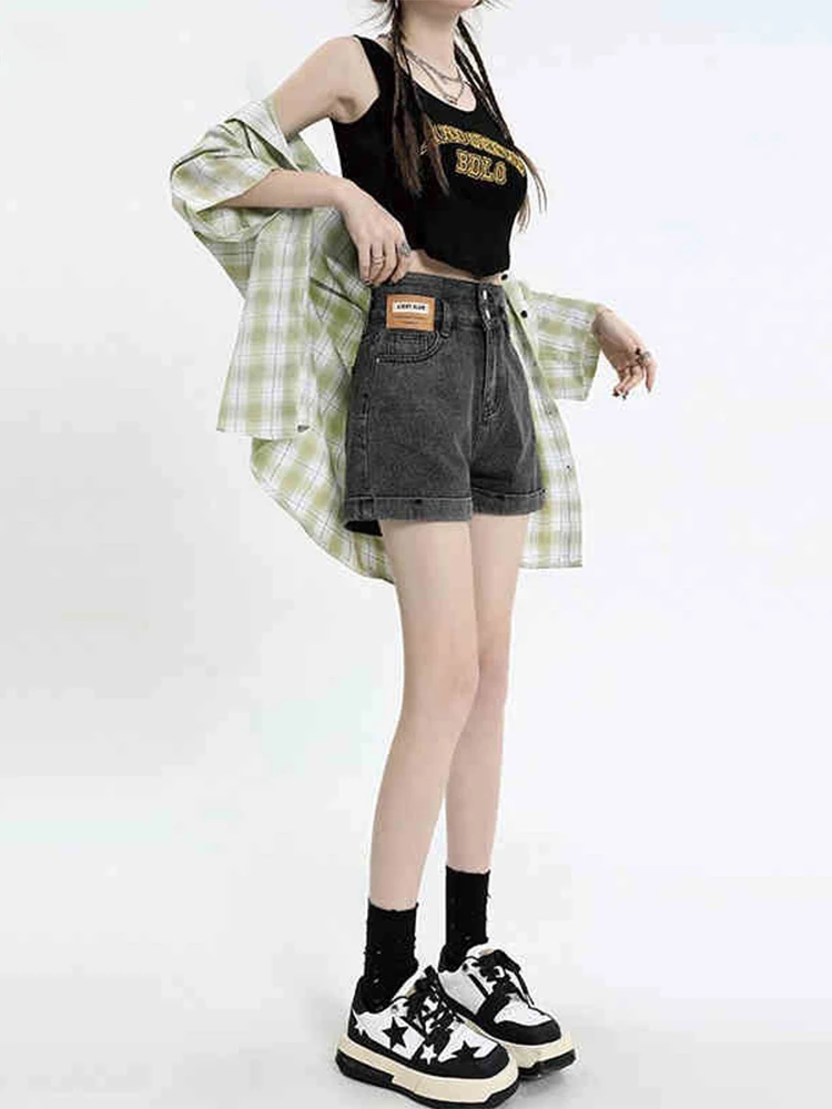 

Женские летние джинсовые шорты с высокой талией, свободного кроя, тонкие, А-силуэт, широкие штанины, повседневные, из смесового хлопка, немнущиеся