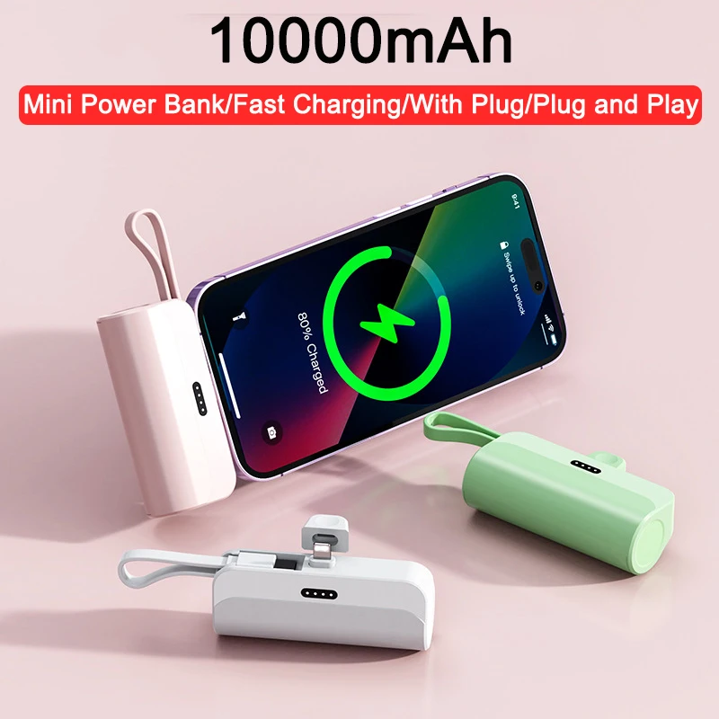 10000mAh Mini Power Bank With Cable Plug and Play Portable Charger Fast Charging Powerbank for iPhone 15 Xiaomi 9 Samsung Huawei