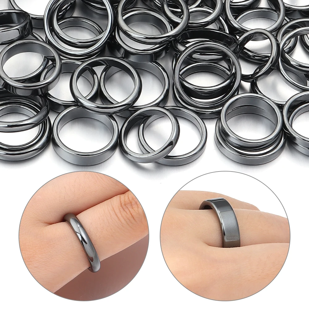 6pcs/lot Natural Hematite Stone Rings 16-21mm Flat Round Black Hematite Ring For Women Men Gift Wedding Jewelry Accessories