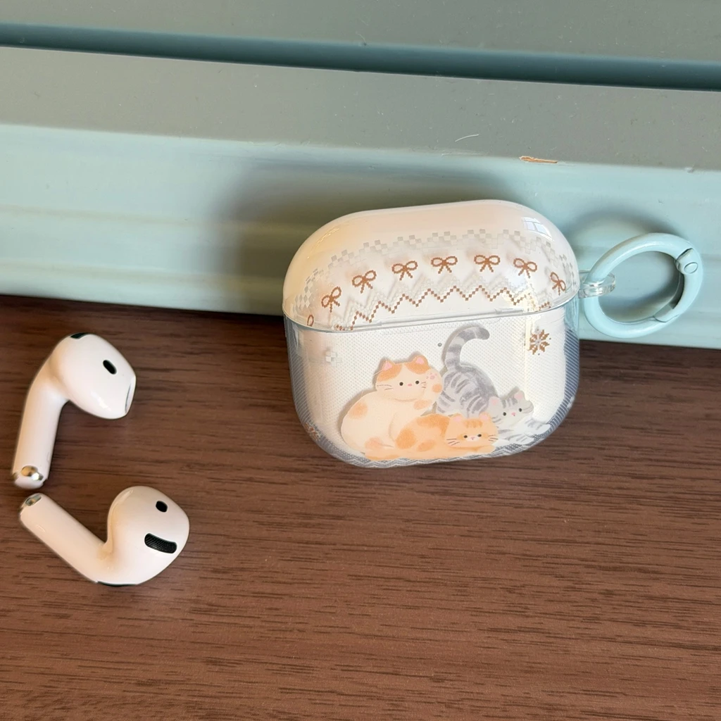 Cute Fun Three Cat Blue Transparent Bowknot With Hook Earphone Case Cover for AirPods 1 or 2 3 4 5 Pro2 Pro3