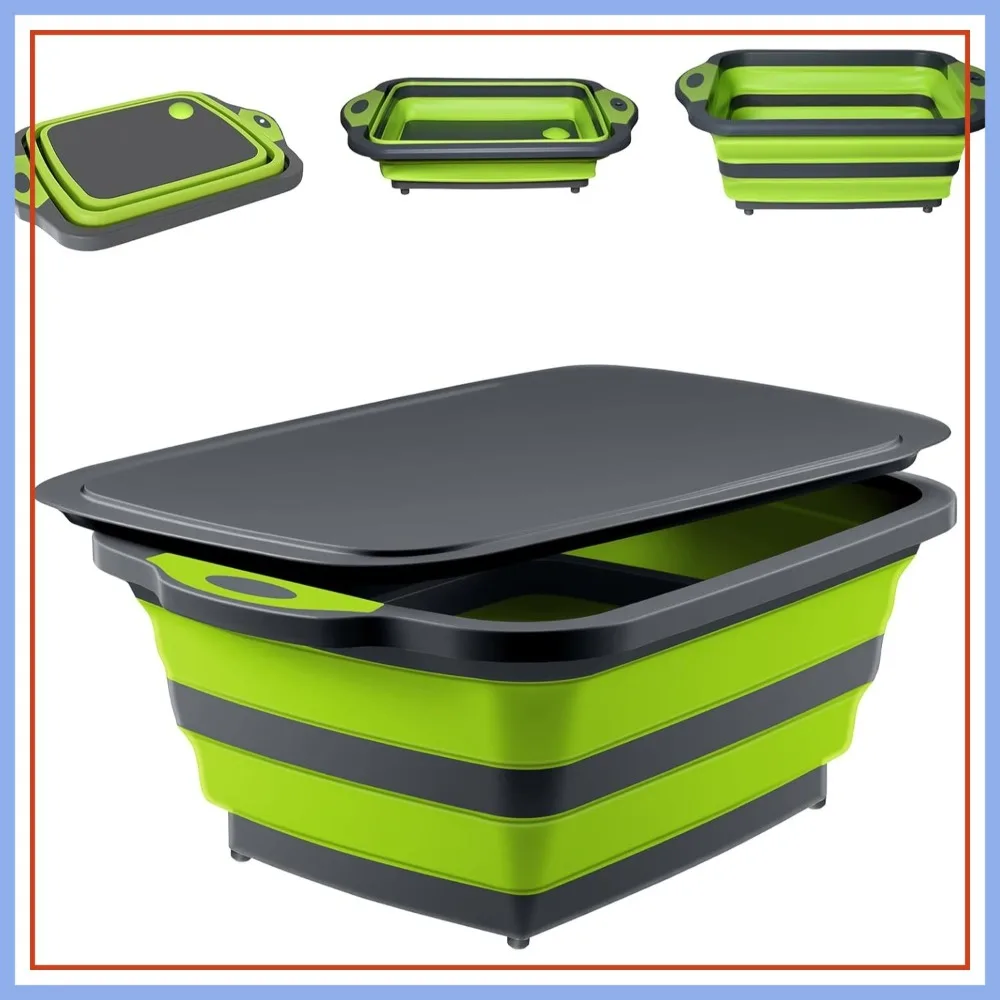 

3-IN-1 Collapsible BBQ Prep Tub with Lid, Foldable Camping Sink with Colander, BPA-Free Cutting Board for Picnic Traveling