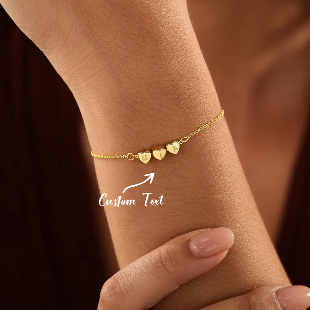Custom 3D Heart Initial Bracelet Women Personalized Gold Color Engraved Letter Bracelets Stainless Steel Jewelry Mother Gift