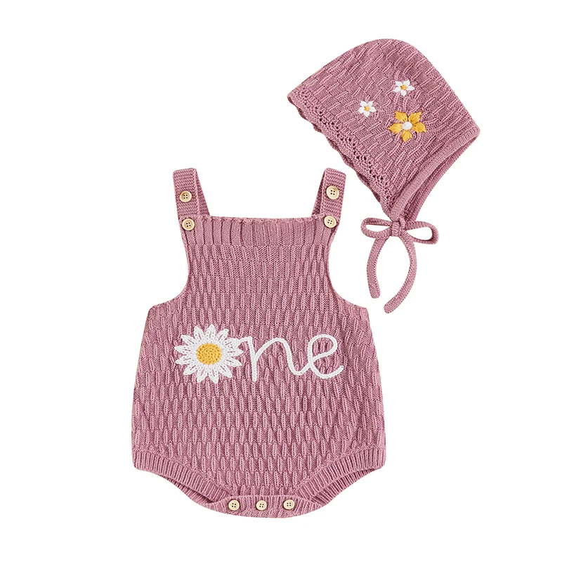 

Baby Sweaters Romper Overalls 1st Birthday Letter Flower Embroidered Sleeveless Ribbed Knitted Jumpsuits Hat Outfits