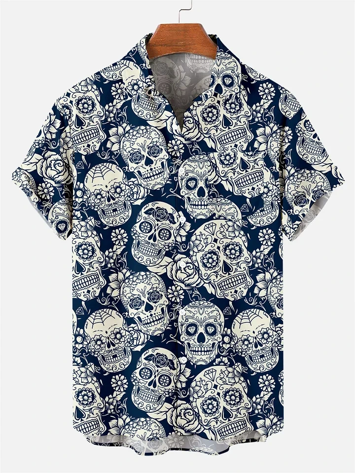 

Men's Short Sleeve Shirt Gradient Skull button Tropical Shirt Summer Praia Camp Shirt 2025 Fashion Trendy