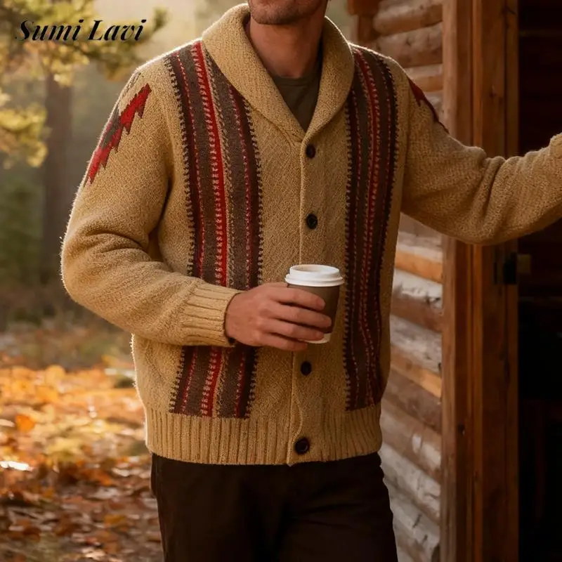2025 Otoño Invierno al aire libre Casual hombres Sweatercoats Vintage Crochet rayas chaquetas de punto hombres ropa de calle moda cárdigans abotonados