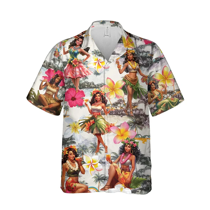 

3D Print Hula Girl Graphic Beach Shirts For Men Casual Short Sleeve Hawaiian Dancer Blouses Aloha Beach Button Shirts Mens Tops