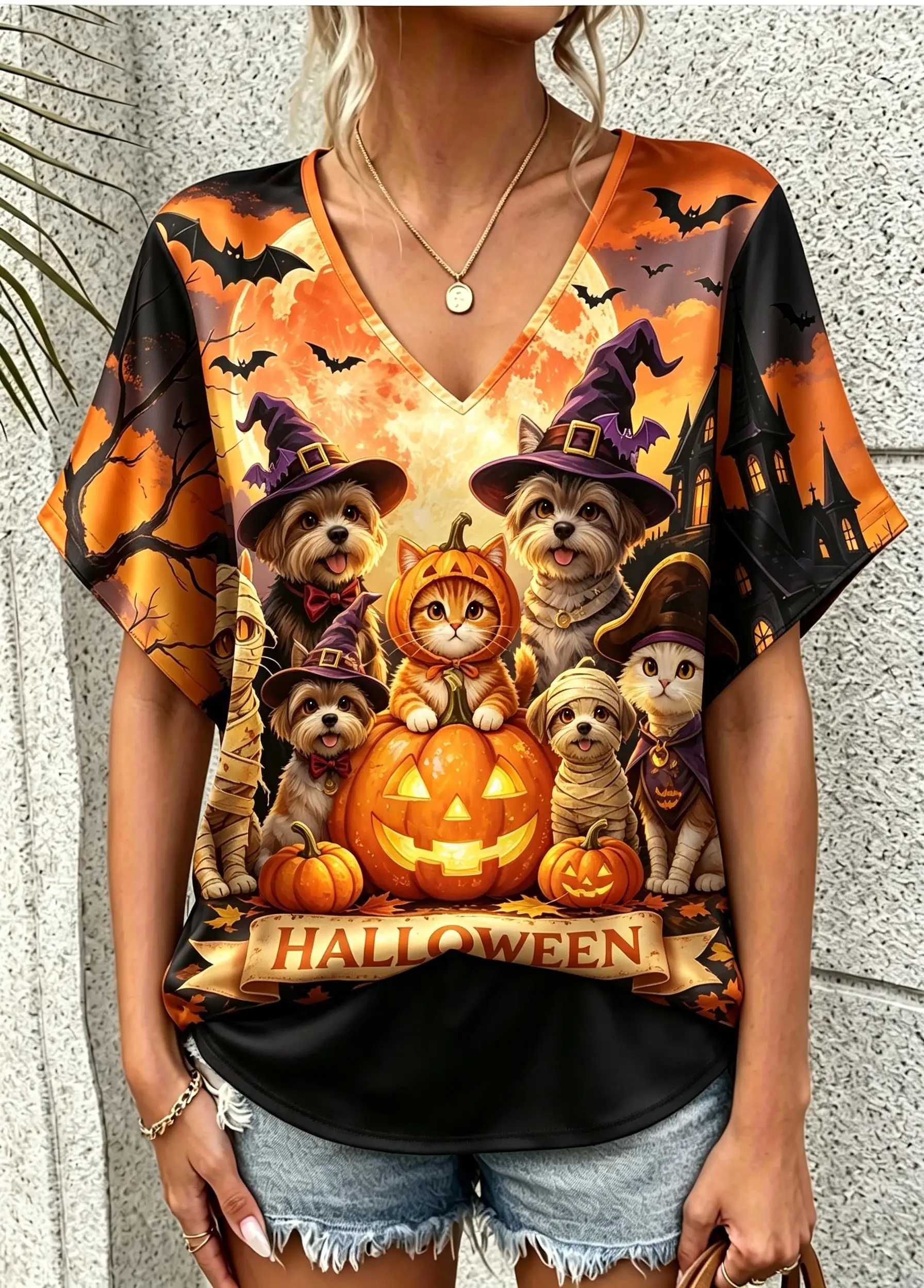 Women V‑Neck Short Sleeve T‑Shirt Halloween Theme Pumpkin Ghost Witch Graphic Print Casual Tee