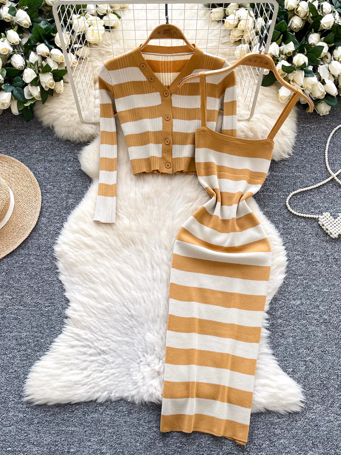 Women's V-neck Long Sleeve Knitted Coat Belted Waist Strap Dress Stripe Pattern Fashion Set Spring Autumn Winter Suitable