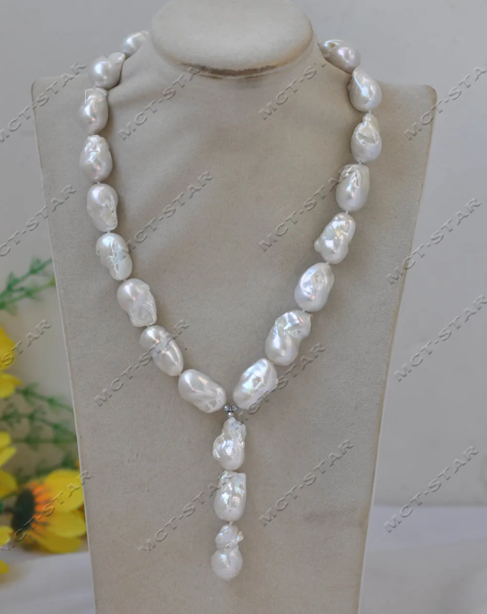 MTC·STAR 25mm White Baroque Keshi Reborn Pearl Necklace Pendant CZ 18inch (Z13020)