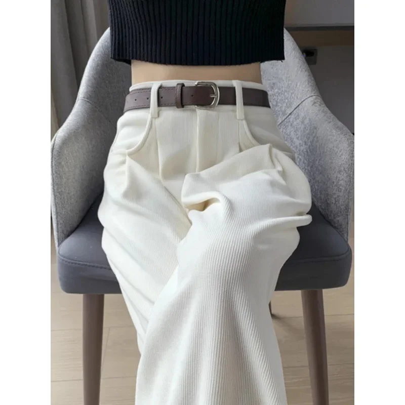 Women's High Waist Slim Fit Casual Corduroy Pants Autumn Winter Fleece Lined Wide Leg Suit Style Trousers In Beige Color