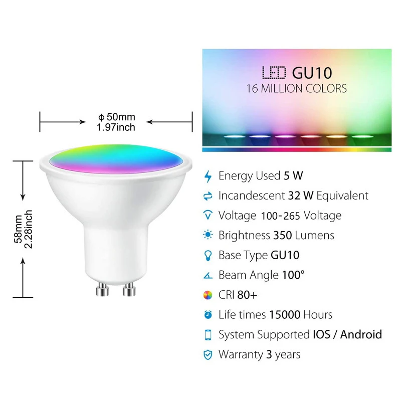 HomeKit-bombilla LED inteligente GU10 RGB + CW, foco WiFi regulable, lámpara colorida, Control por voz por aplicación Cozylife para Siri, Alexa y