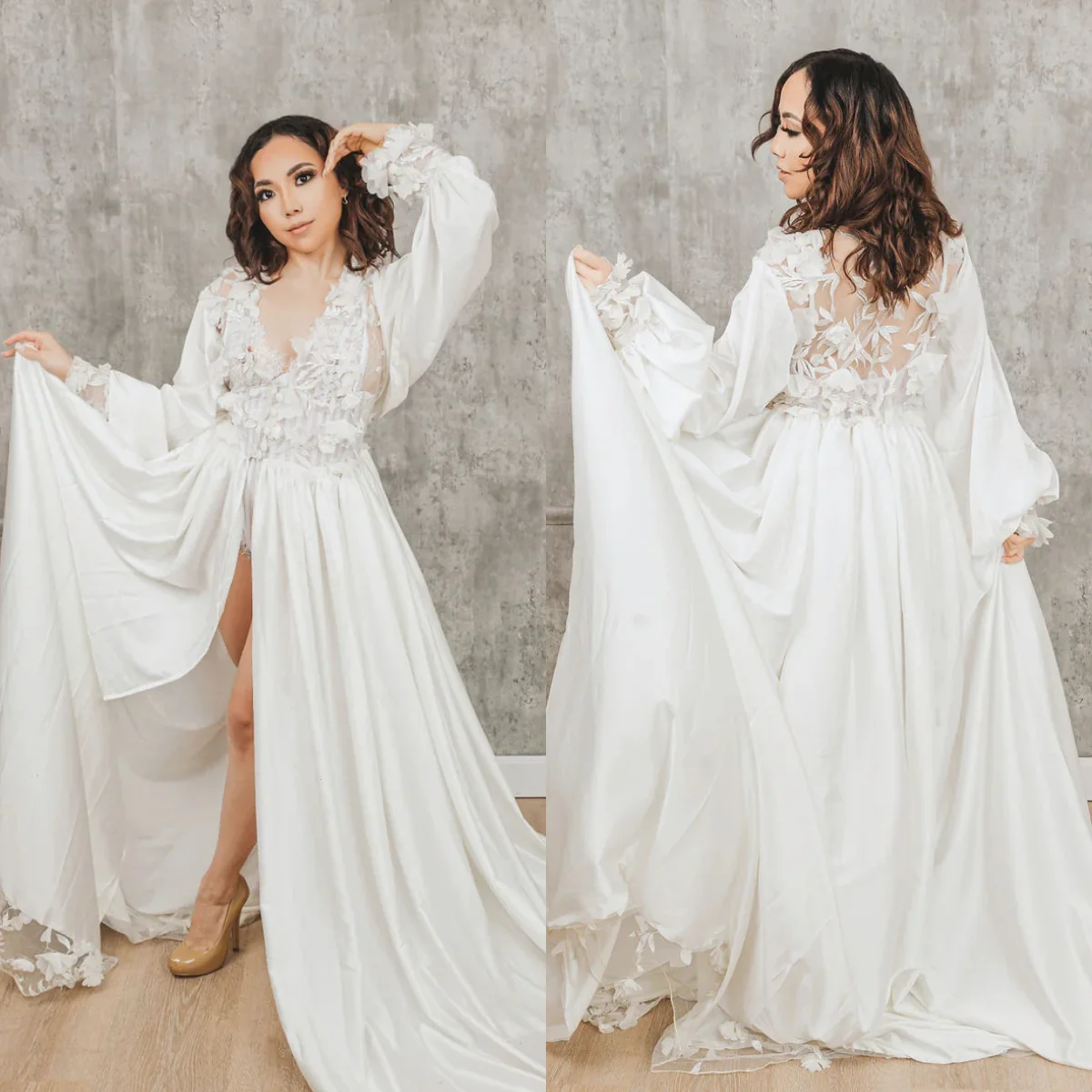 Elegant Lace Bride Wed Robe And Nightgown Long Sleeve Appliqued Bridal Gowns Photo shoot Maternity Dressing Gown for Photography