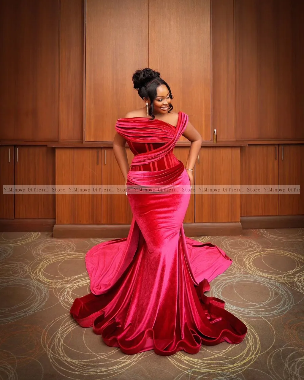 Red Mermaid Evening Dresses for Women 2025 Off Shoulder Sweep Train Pleats Velvet Formal Occasion Wedding Party Dress Customized