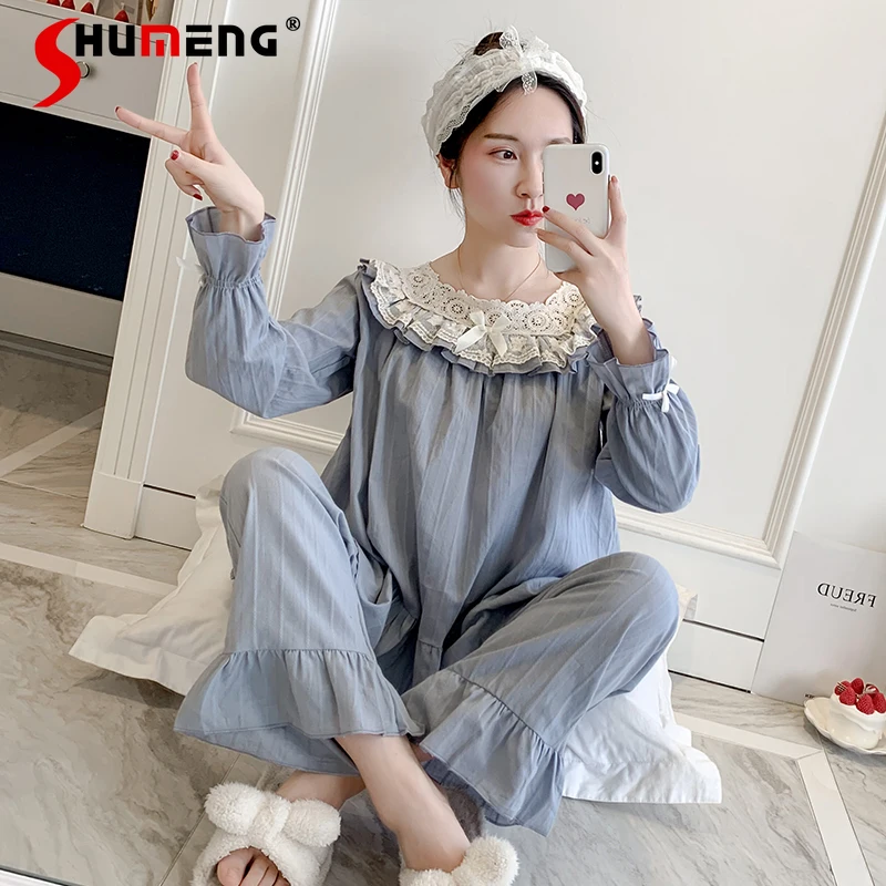 

Женская дворцовая кружевная домашняя одежда из чистого хлопка, пижамы во французском стиле с квадратным вырезом для женщин, весенне-осенний комплект домашней одежды принцессы