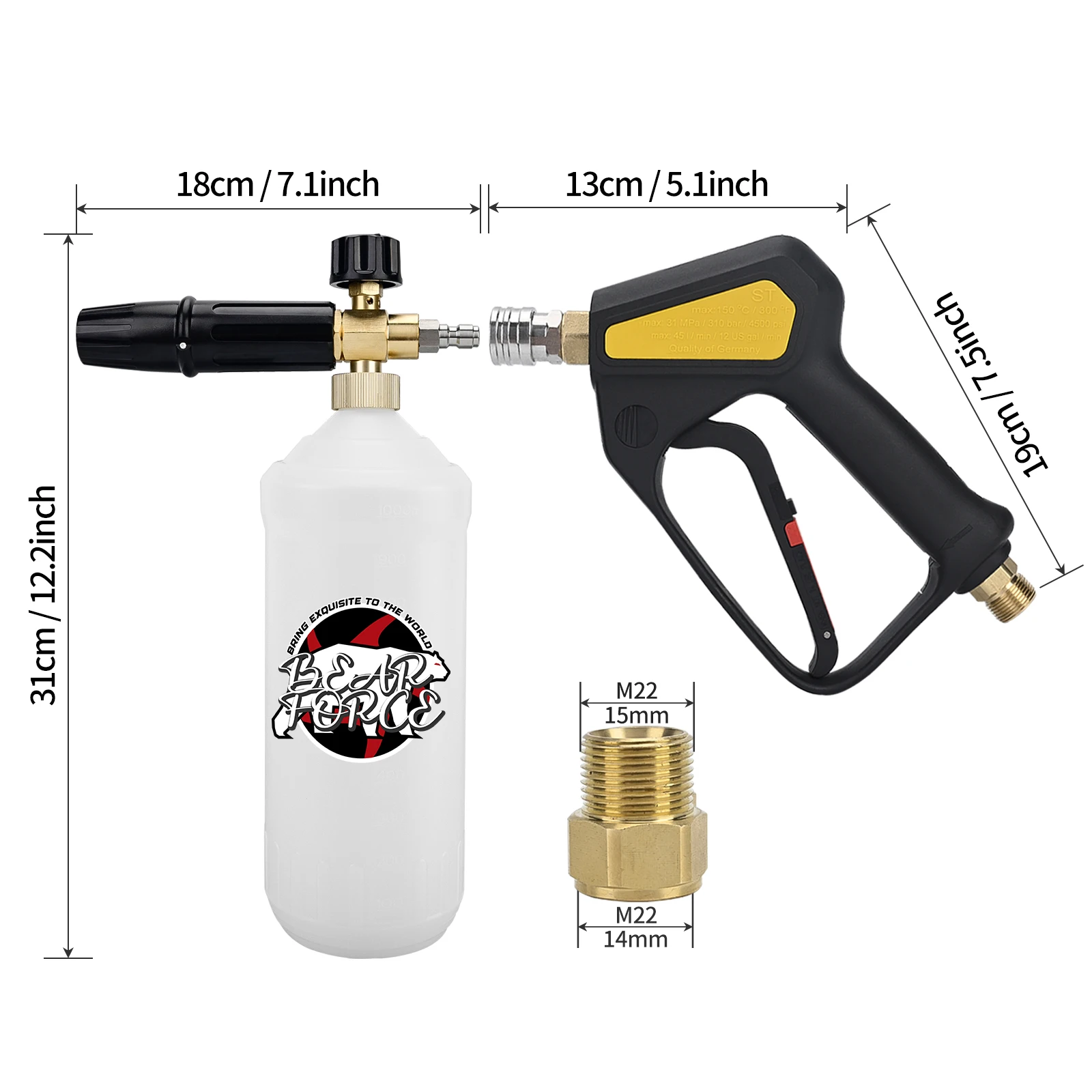 Bear Force Foam Cannon Gun Kit for 1/4 Quick Plug & 5 High-Pressure Washer Nozzle Heads - Complete Set for Efficient Cleaning