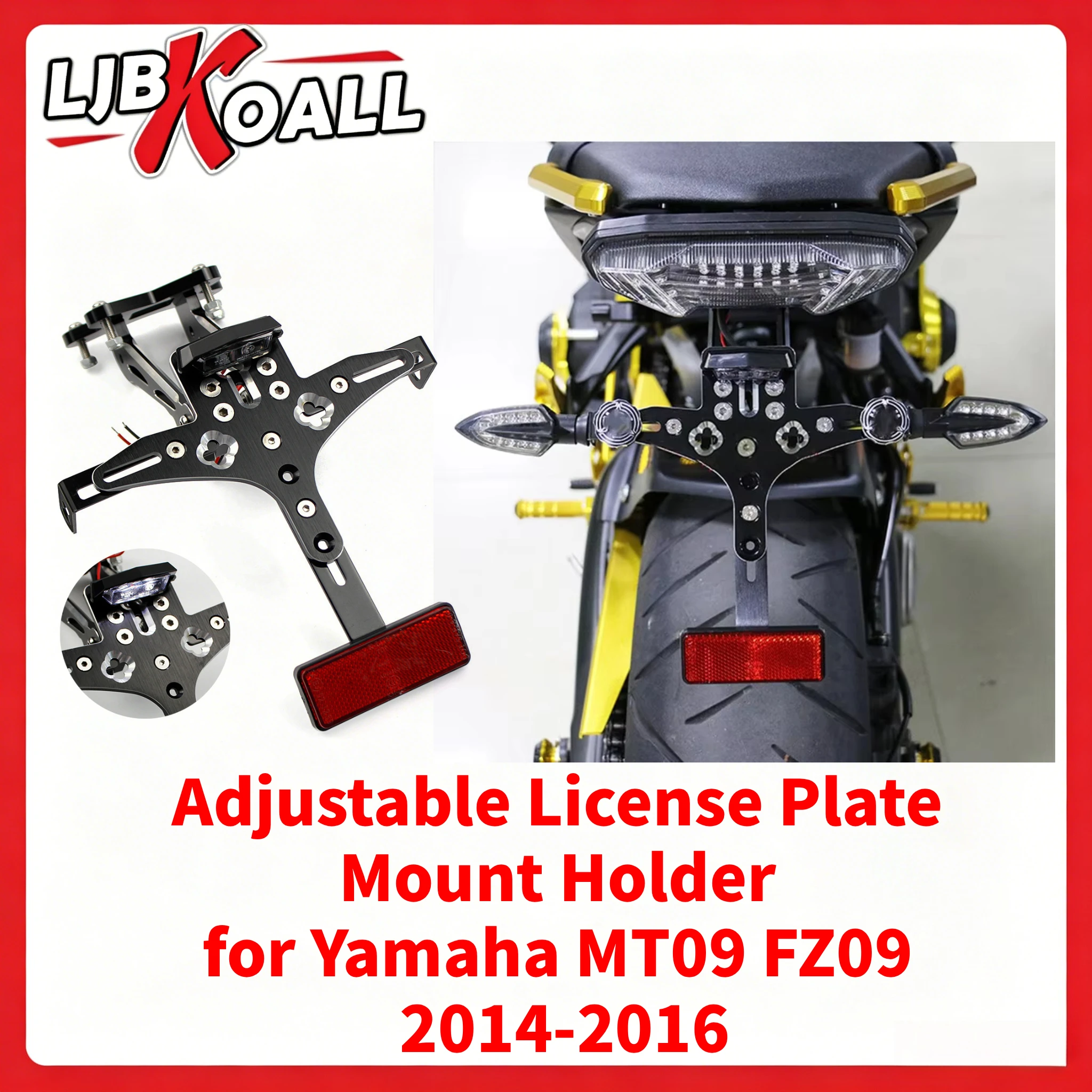 Adjustable License Plate Mount Holder Bracket for Yamaha MT09 FZ09  2014-2016 Motorcycle license plate frame with LED Light