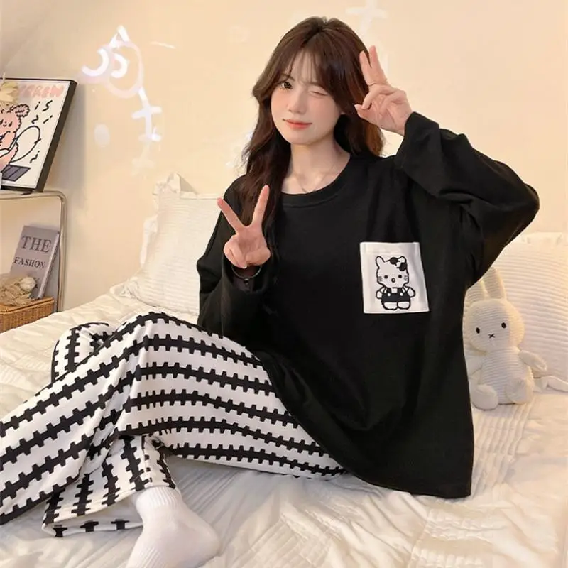 Sanrio Girl De Rong T-Shirt Trousers Pajama Set Winter Kawaii Hello Kitty Comic Round Neck Fashion Go Out Leisure Wear New Kit