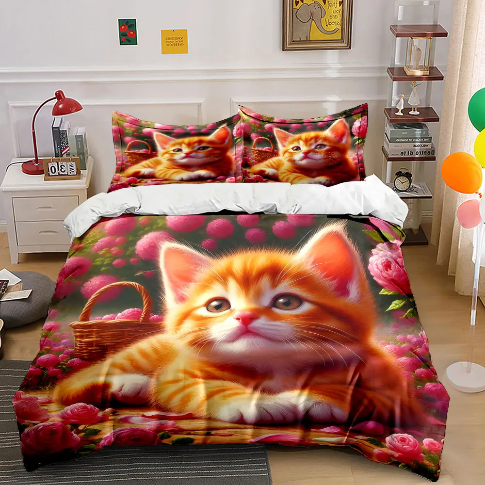 Orange kitten with rose garden Bedding Set for Kids Luxury Gift 3pcs Digital Print Comforter Set Soft Comfortable Breathable