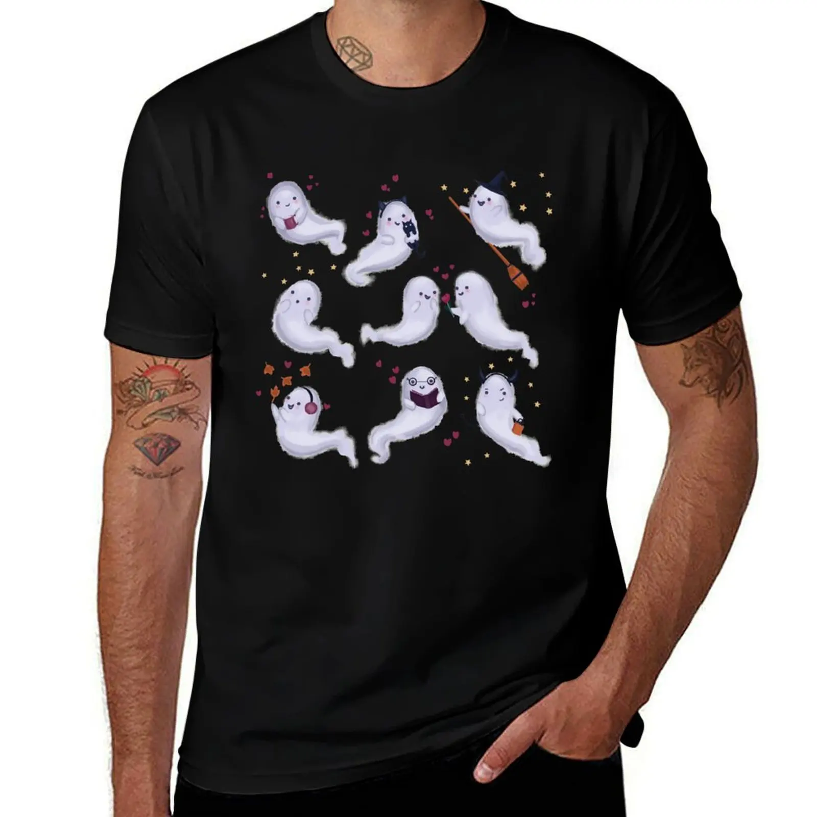 Little Ghosts Participating in Fall Activities | Pink T-Shirt Essential Solid Color T-Shirt