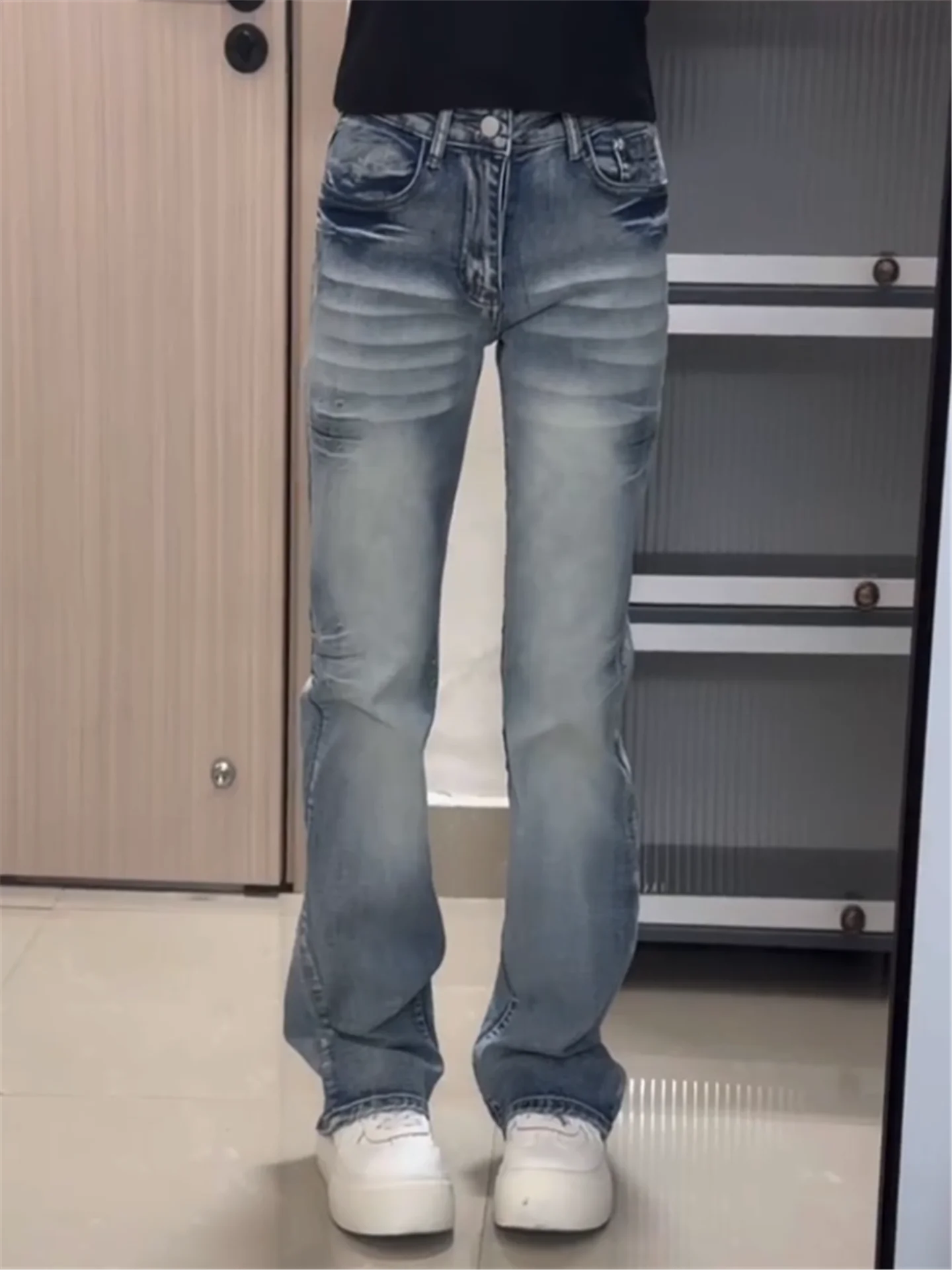American Style Vintage Low Waist Bell Bottom Blue Jeans Women's Slimming Washed Casual Pants Spring Summer Cotton Denim